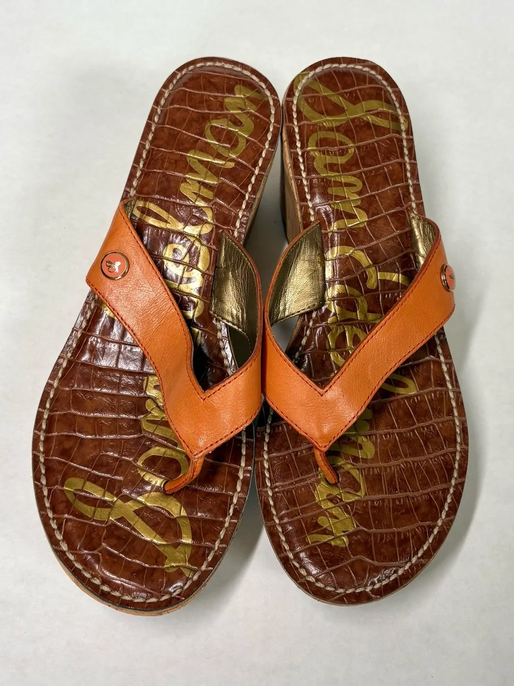 Sam Edelman Romy Croc Print Cork Wedge Thong Sandal US 7.5 Orange